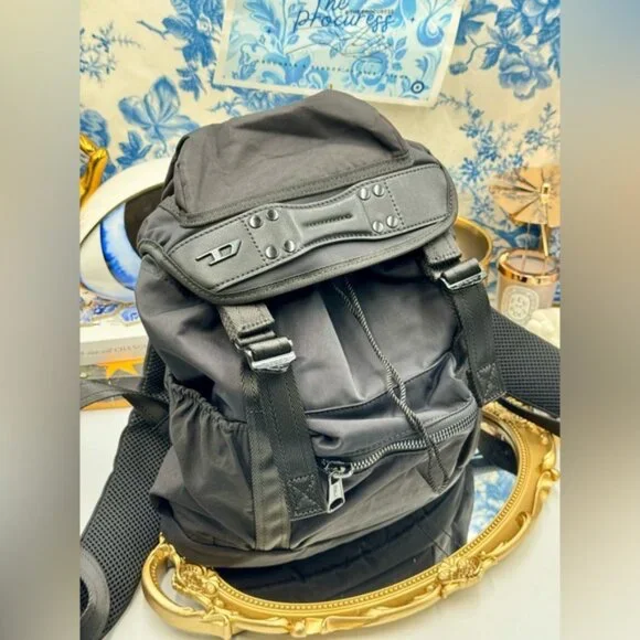 🆕 DIESEL 🧿 NWOT Black Nylon Monogrammed Backpack - Picture 3 of 13